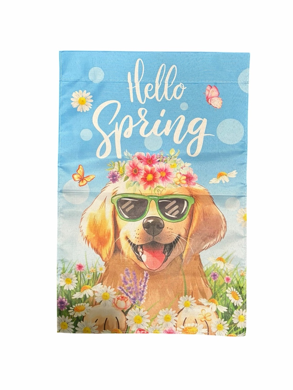 Hello Spring Dog Garden Flag - Blue Floral
